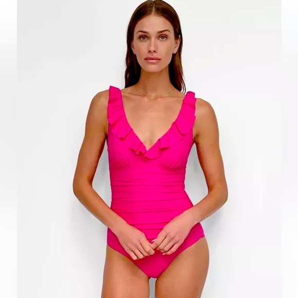DKNY Women's sz 12 Ruffle Plunge Underwire Tummy Control One Piece Swimsuit - Picture 1 of 16
